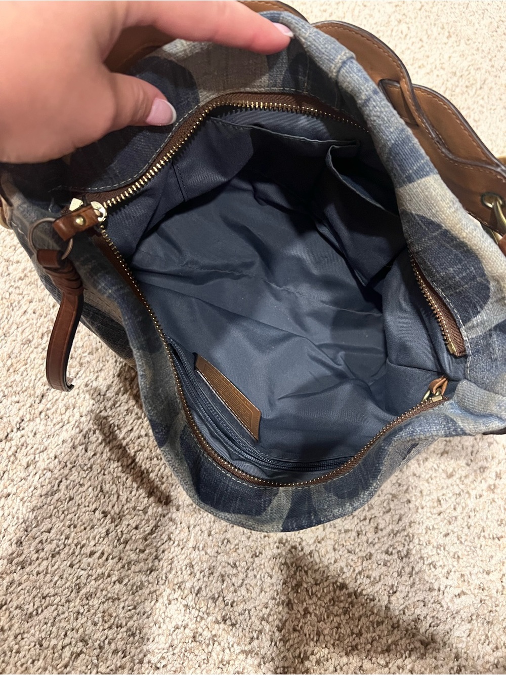 Vintage Coach Denim Carly Logo-Print Shoulder Bag in Navy and Tan - Picture 6 of 11